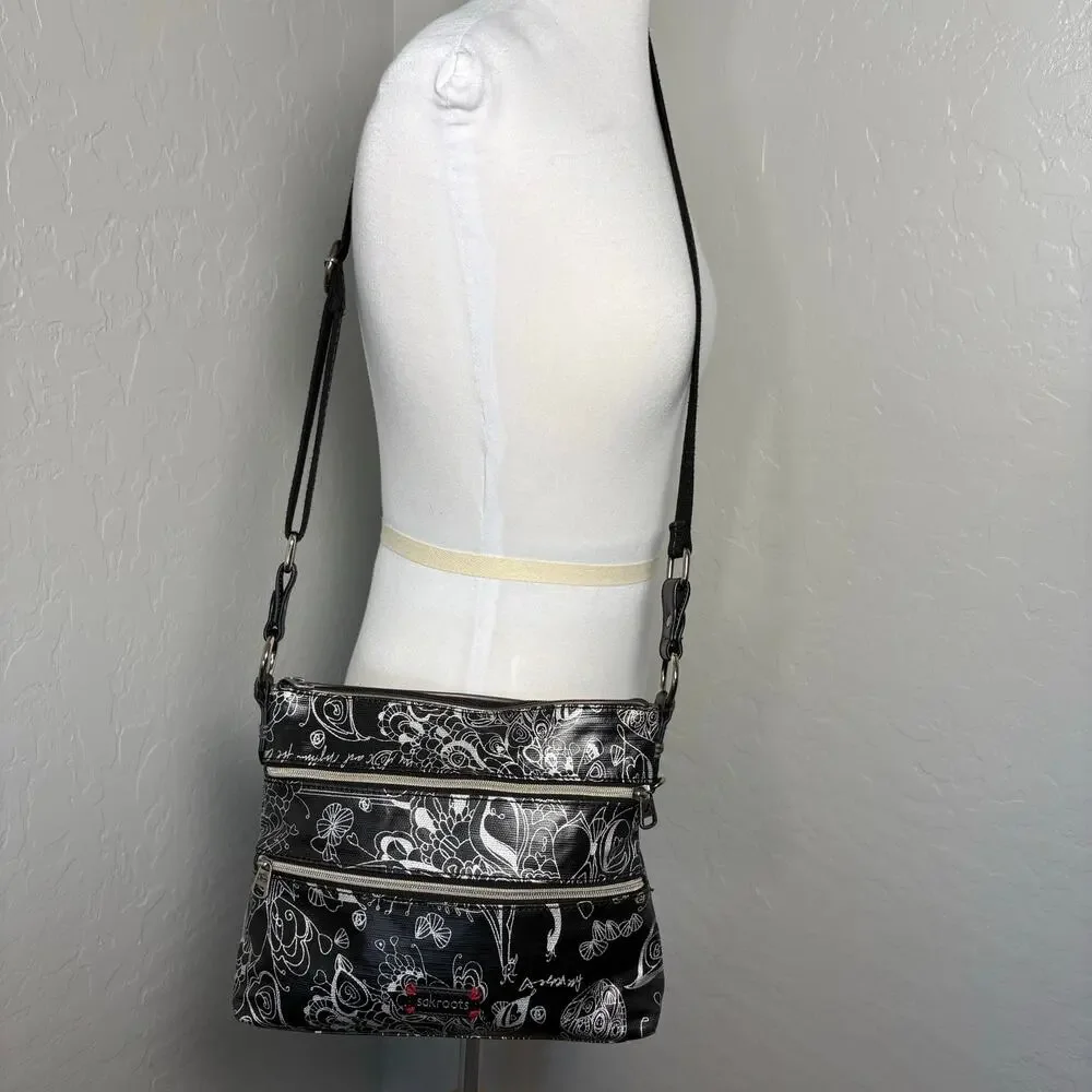 Sakroots Black Silver Peace Crossbody Organizer Bag Triple Zip Adjustable Strap